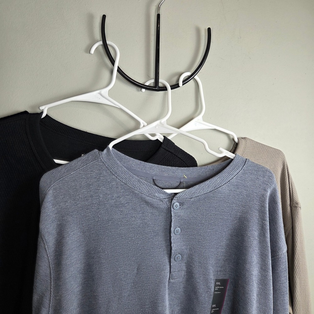 Lot 3 Gorpcore XXL Waffle Knit Henley Thermal Long Sleeve Shirts Black Tan Blue